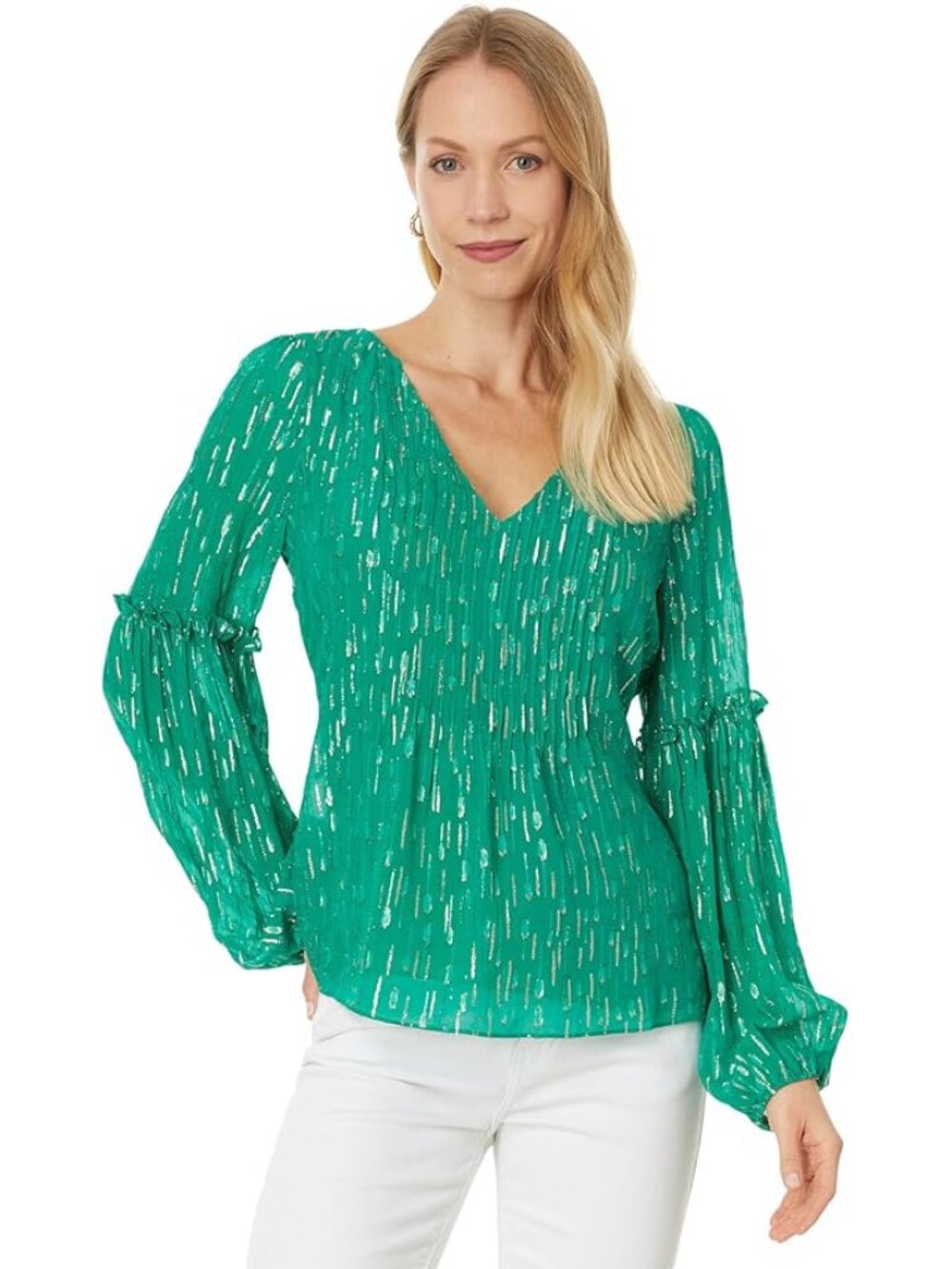 Lilly Pulitzer Women's Cleme Long Sleeve Top, Fiddle Leaf Green Mystical